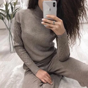 

FORERUN Winter Two Piece Set Women Turtleneck Sweater and Knitted Pants 2 Piece Set Twist Plus Thick Winter Warm Outfits