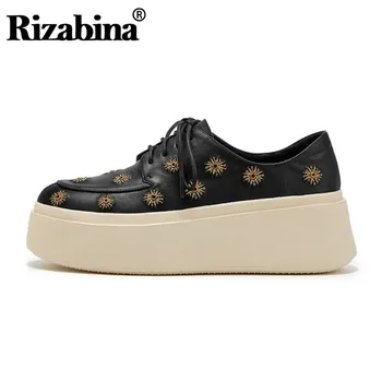

RIZABINA Women Flat Shoes Fashion Genuine Leather Upper With Flower Shoes Women Round Toe Platform Lace Up Footwear Size 34-39