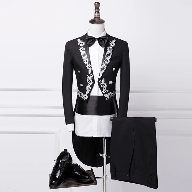 black and silver Белый фрак, вечерний наряд, Для мужчин свадебные, для жениха с вышивкой, комплект из 2 предметов, Для мужчин костюмы с брюками Выходные туфли на выпускной, костюм для сцены для артистов, костюм смокинг мужской костюм комплект - Цвет: black and silver