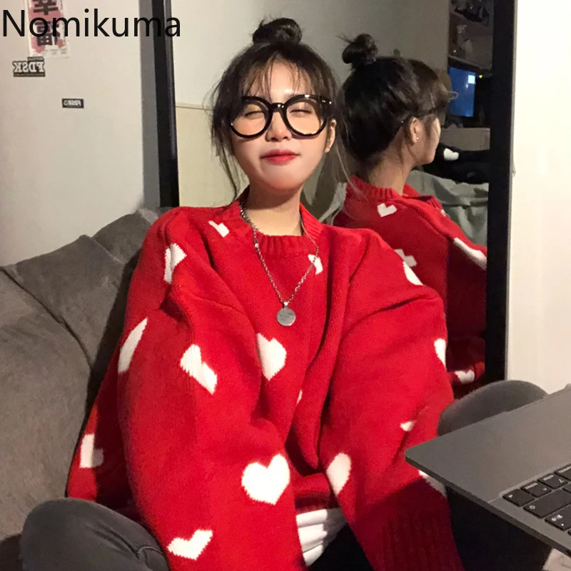 Nomikuma 2020 Autumn Winter Women Sweater Korean Love Heart Knitted Pullover Tops Causal Long Sleeve O neck Pull Femme b037