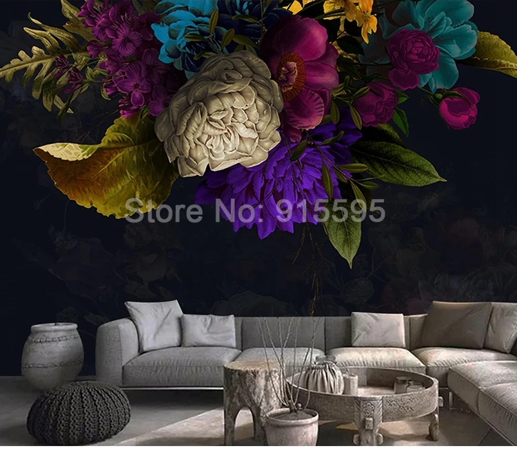 Custom Wall Mural Retro Flower Black Background Wall Decoration Painting Hotel Study Room Bedroom Wallpaper Papel De Parede 3D