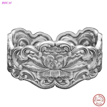 

BOCAI S999 sterling silver bracelet Antique relief wide opening elegant chic famous flower blossom peony pure silver bangle