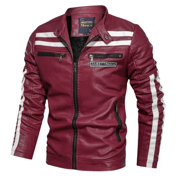 

Men's PU leather jacket plus velvet stand collar stitching motorcycle leather jacket pocket decoration pu coat