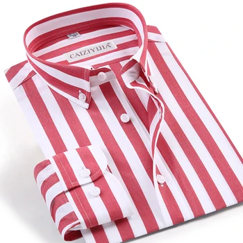 

Fashion Striped Shirts Men Long Sleeve Shirt Mens High Quality Anti Wrinkle Shirt Classic Button Red-White Dress Shirt Tops Male