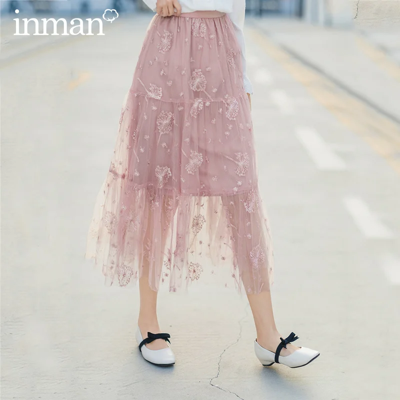 

INMAN 2020 Spring New Arrival Literary High Waist Double Mesh Pleated Loose Middle-skirt