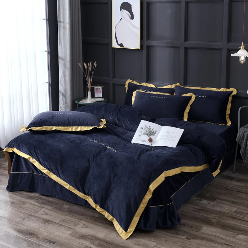 Luxury Style Crystal Velvet 4pcs Duvet Cover Bed Sheet Pillowcases Royal Blue Brown Bean Paste Yellow Queen King Bedding Sets Aliexpress