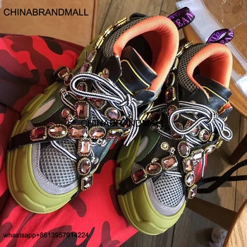 

New Luxury Brand Handmade Mixed Colors Crystal Embellished Ultra Sneakers Platform Trainers Shoes Lace Up Leather Shoes Woman