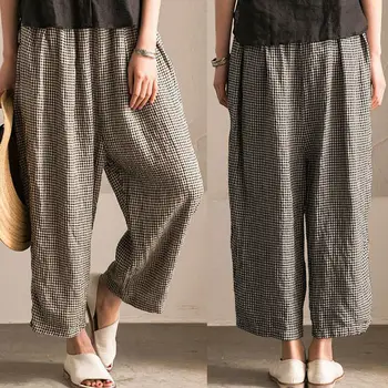 

Women Casual Wide Legs Baggy Loose Elastic Waist Pants Plaid Check Plus Trousers Vintage Pants High Elasticity