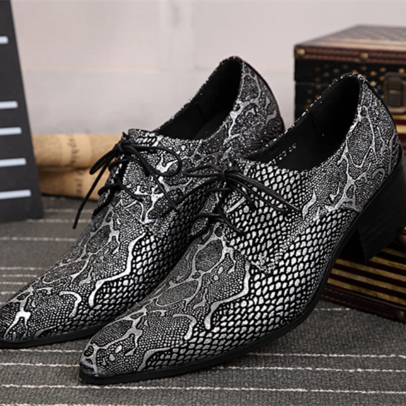 

Christia Bella Fashion Gray Serpentine Male Real Leather Brogue Shoes Large Size Pointed Toe Men's Party Heighten Oxfords Shoes