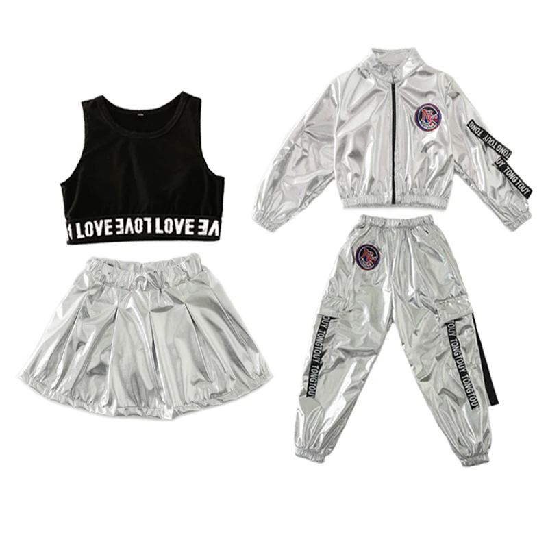 Kids Sequined Silver Hip Hop Clothing Coat Skirt for Girls Boys Jazz Dance Costumes Wear Ballroom Dancing Clothes Outfits