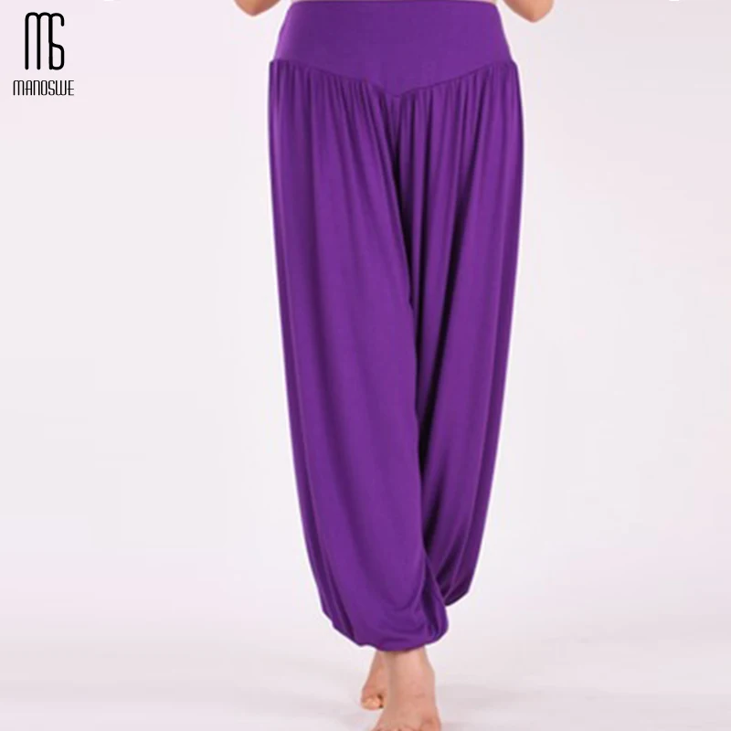 Manoswe, 4 цвета, женские штаны для танцев, фитнеса, свободные, для йоги, спортивные, одноцветные, более размера, Длинные шаровары, высокая талия, повседневная одежда для йоги - Цвет: Purple