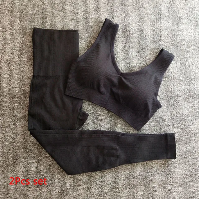 Black 2pcs set 2 шт. бесшовный комплект для йоги Женская одежда для фитнеса Спортивная одежда для тренировок женские леггинсы с высокой талией спортивный бюстгальтер пуш-ап спортивные костюмы - Цвет: Black 2pcs set