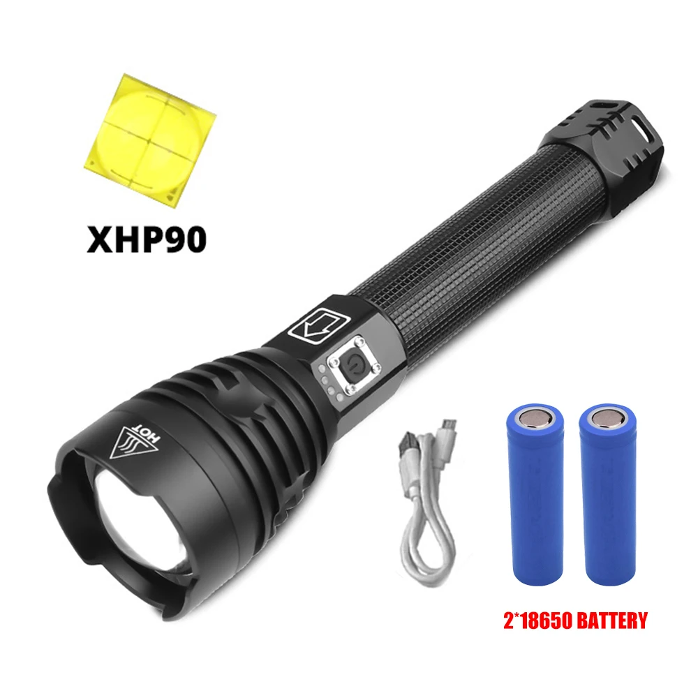 with 2x18650 Battery Самый мощный XHP90 светодиодный светильник-вспышка Электрический фонарь USB Перезаряжаемый Тактический светильник-Вспышка водонепроницаемый светильник с зумом жесткий светильник 26650 - Испускаемый цвет: with 2x18650 Battery