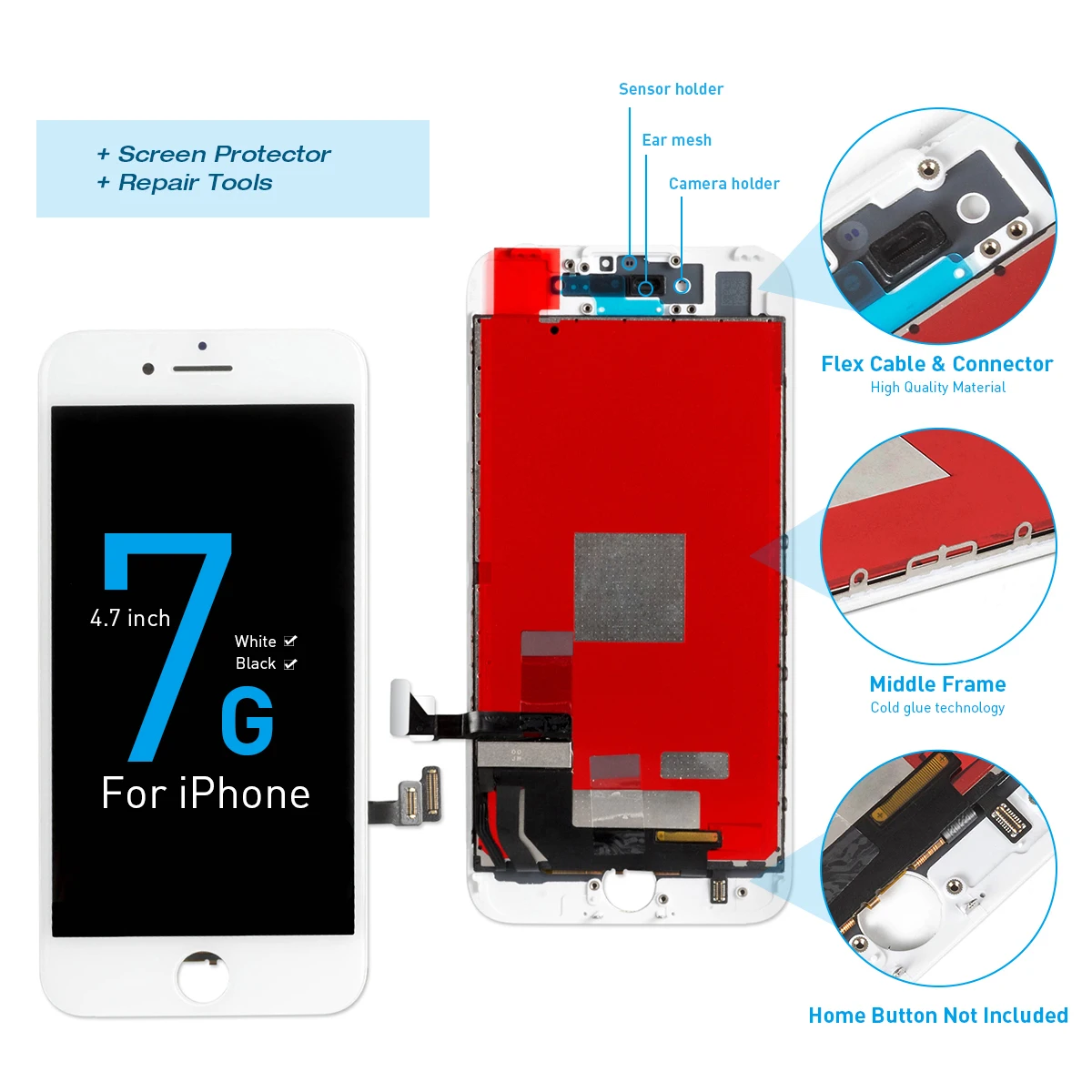 7 White No Parts OEM ЖК-дисплей для iPhone 7 7 Plus, полный комплект дигитайзер в сборе, 3D сенсорный экран, Замена+ фронтальная камера+ динамик+ подарки - Цвет: 7 White No Parts