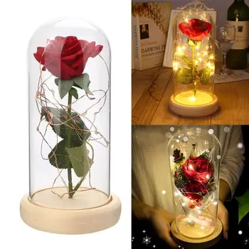 

Rose Glass Cover Preserved Fresh Flower Forever Rose Flower Floral Decor LED Flashing Glitter Beautiful Glowing Decorating