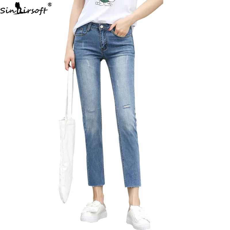 

2019 New Hole Fashion Personality Raw Edge High Waist Jeans Woman Befree Trend Comfortable Thin Straight Denim Pants Women