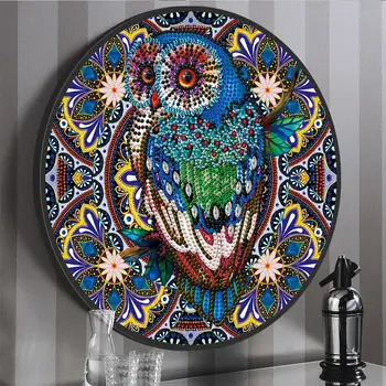 

New Arrival Owl Pattern Mural Tessles Diamond Painting With Round Frame 5D Diamond Embroidery Cross Stitch Home Wall Decoration
