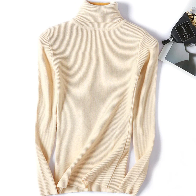 Beige SheBlingBling вязаный край женский свитер с высоким воротником Осень Зима мягкий теплый женский джемпер повседневные женские зауженные пуловеры - Цвет: Beige