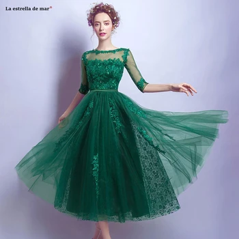 

Wedding dress guest 2020 new Scoop neck lace gauze beaded half sleeve A Line green bridesmaid dress Tea-Length vestido invitada