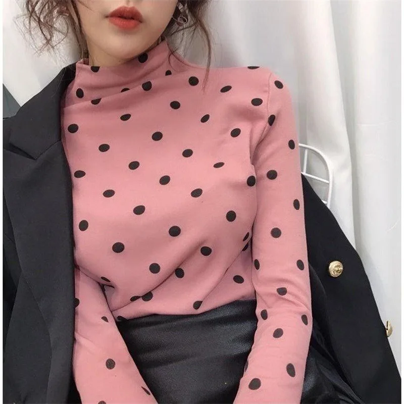 

2019 Autumn Winter New Turtleneck Bottoming T shirt Women's Dot Long Sleeve Tops Slim Thin Pullovers Women Clothing kz105