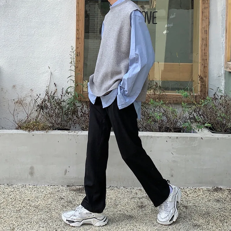 Хороший весенний и осенний популярный Молодежный мужской однотонный Модный повседневный свободный свитер с круглым вырезом Толстый Жилет черный/серый M-XL