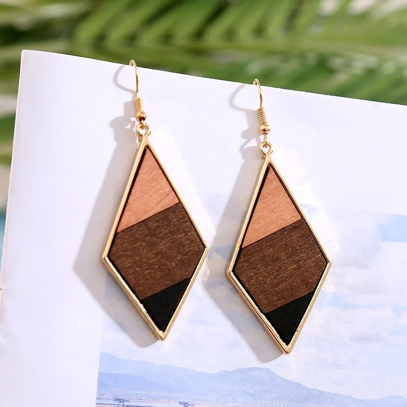 

Simple Handmade 3 Color Natural Wooden Drop Earrings For Women Fashion Vintage Ethnic Square Geometric Metal Dangle Earring Gift