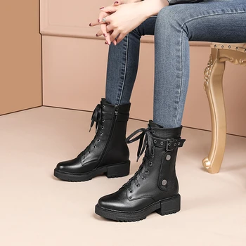 

Fashion Newest Genuine Leather Ladies Mid-Calf Boots Leather Cross Toed Elegant Thick Heels Party Basic Shoes Woman