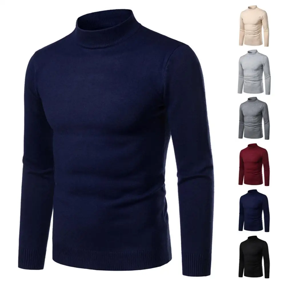 Зимний свитер с высоким воротником, тонкий однотонный вязаный пуловер, Мужская трикотажная одежда