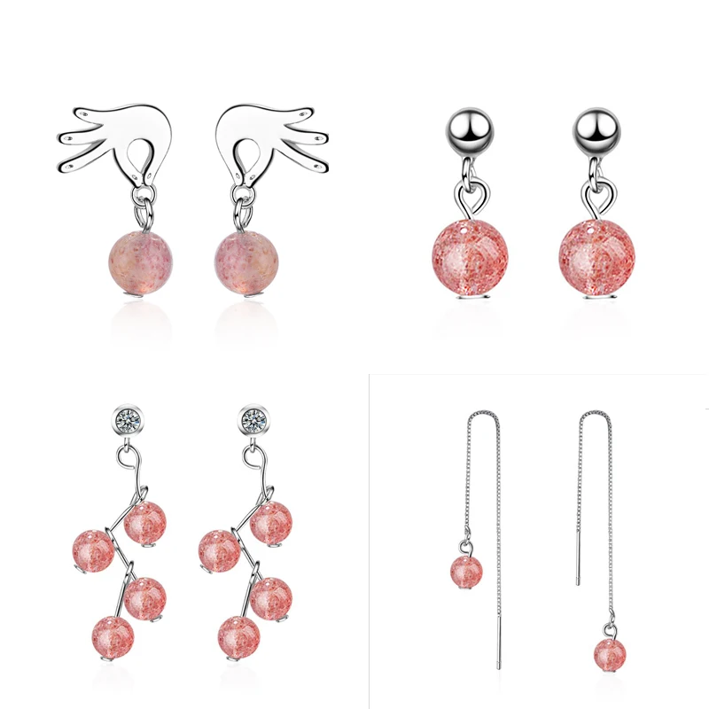 

Chandler Strawberry Crystal Bead Earring Pink Ball Long Line Drop Dangle Earrings For Girls Hand Branch boucles d oreille femme
