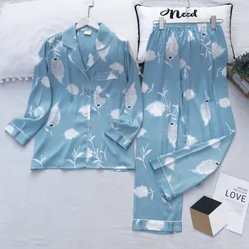 

Wmyqdlq Autumn Pajamas Women Ice Silk Casual Cardigan Home Service Thin Long-Sleeved Trousers Real Silk Suit Large Size