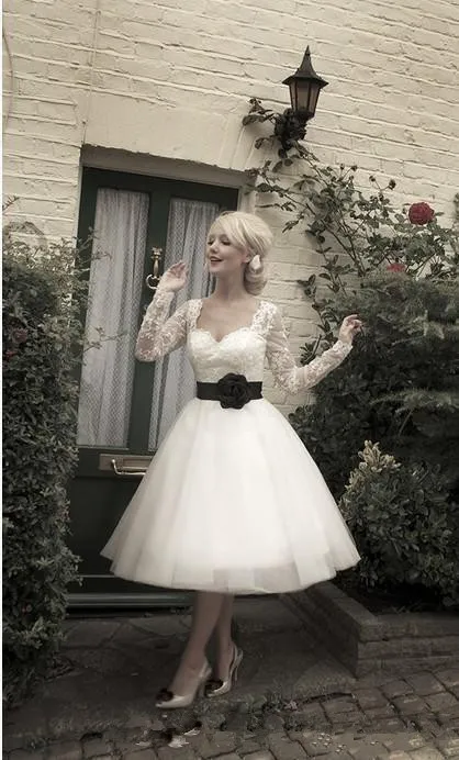 

Vintage Style Long Sleeve Flower Belt White and Black Tea Length Bridal Gown Custom Size robe de mariee bridesmaid dresses