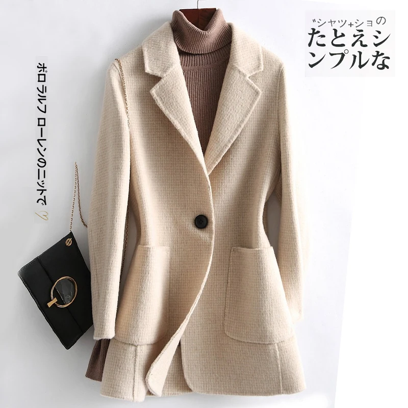 autumn winter slim one button woolen blazer women notched collar long suit jacket plus size 2XL