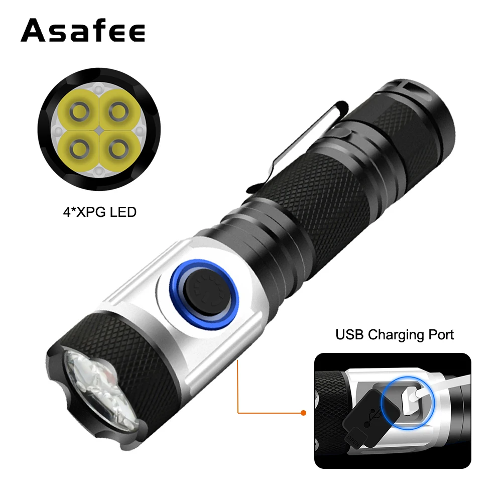 

Multi-functional tactical flashlight 4*XPG LED 18650 IPX6 Waterproof Aluminum USB Rechargeable Flashlight Linterna Torch