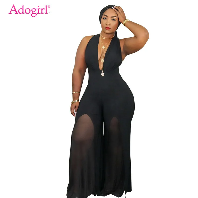 Adogirl Plus Size Women Solid Jumpsuit XL-5XL Sexy Deep V Neck Sleeveless Romper Sheer Chiffon Patchwork Wide Leg Pants Overalls Adogirl Plus Size Women Solid Jumpsuit XL-5XL Sexy Deep V Neck Sleeveless Romper Sheer Chiffon Patchwork Wide Leg Pants Overalls