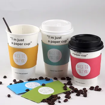 

50pcs High quality hot drink disposbale coffee cup 16oz 500ml soy tea takeout paper cup with lid and color kraft paper cover