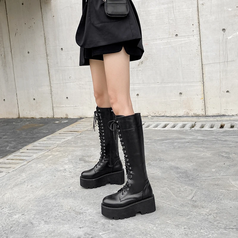 Black High Boots Platform High Heels Boots Women Lace Up Long Boots Casual Knee Boots Female Women Shoes Femmes Bottes