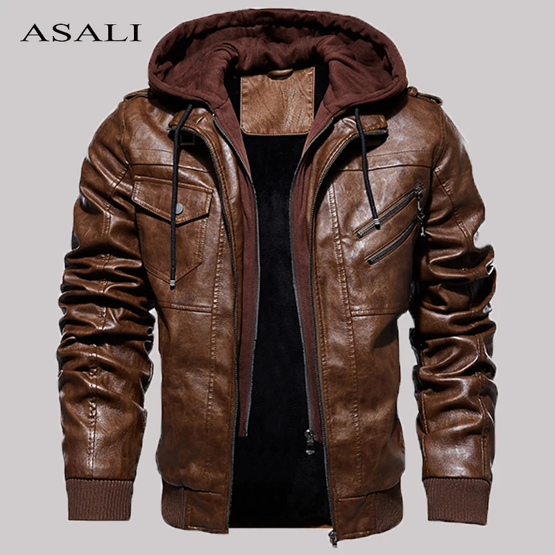 Chaqueta informal de cuero de PU para motocicleta para hombre, chaquetas de cuero de moda para invierno y otoño, prendas de vestir cálidas con capucha removibles delgadas, ropa polar