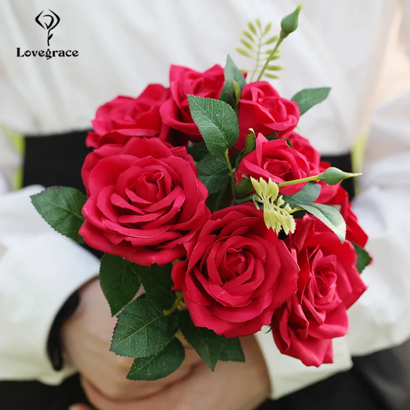 10 Heads Small Silk Artificial Flower Bouquet Red Fake Flowers Rose