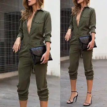 

Autumn Solid Color Women Turn Down Collar Buttons Jumpsuit Long Pants Rompers