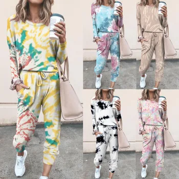 

Women Gradient Tie-Dye Printed Two Piece Tracksuit Long Sleeve Hooded Drawstring Sweatshirt Tops Jogger Pants Loungewear
