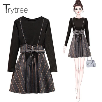 

Trytree 2020 Autumn Casual two piece Women Sets Sweet O-Neck Basic Sweater + Sling Skirt Striped Belt Office Lady 2 Piece Set