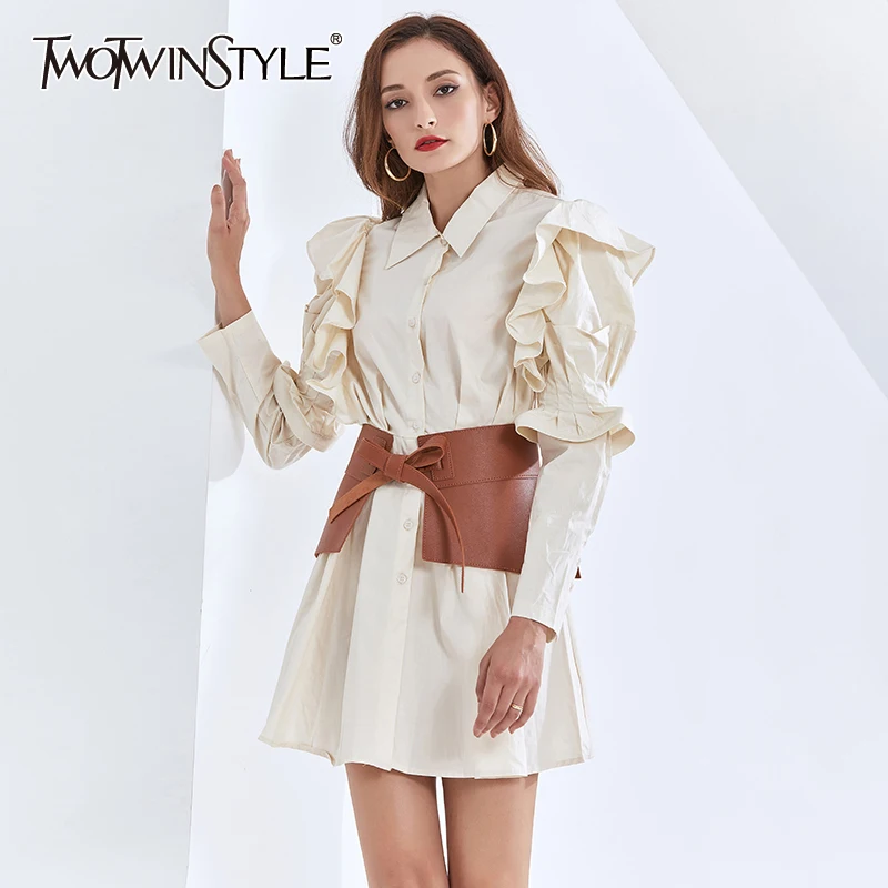 

TWOTWINSTYLE Designer Two Piece Set For Women Lapel Collar Flare Long Sleeve Dress High Waist Pu Lace Up Sets Female 2020 Style