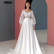 

Fivsole Beach Split Wedding Dresses 2021 White Floor Length Appliques Buttons Back Satin A Line Bridal Gowns Vestido De Noiva