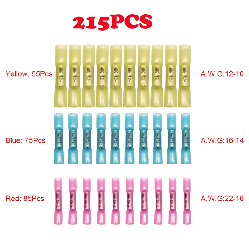 215 шт. Красный Синий Желтый AWG Термоусадочные обжимные стыковые электрические соединители проводов комплект водонепроницаемых электрических соединителей