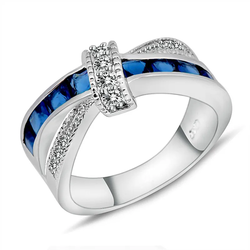 Unique Style Small Blue Stone Ring Vintage Female Cross Silver Wedding Ring Fashion Love Engagement Rings For Women
