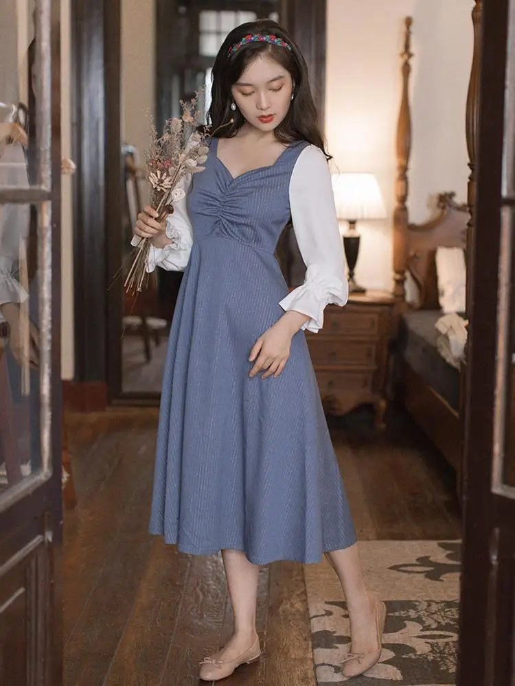 

French first love fairy retro bottoming dress female autumn temperament dress high waist victorian dress kawaii girl gothic
