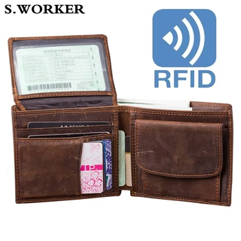 

RFID Genuine Leather Wallet Cowhide Vertical Lichee Pattern Short Thick Cash Card Coin Wallet Pocket Holder Mne's Vintage Purse