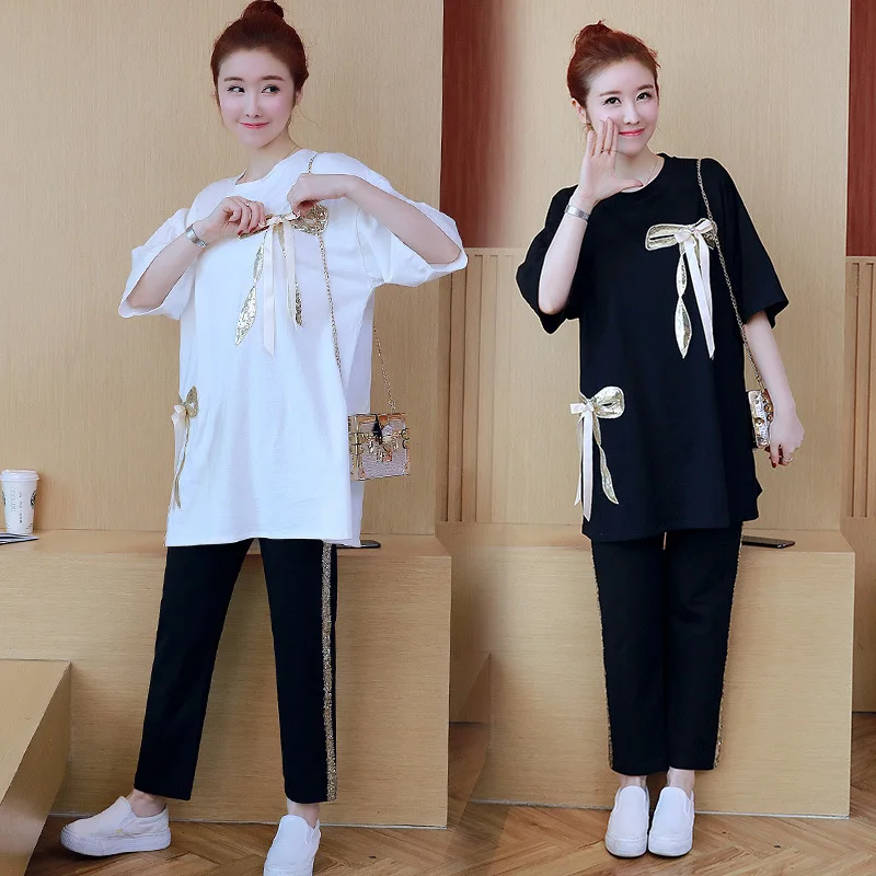 

2019 Spring And Summer Korean-style Loose-Fit Pregnant Women Set Embroidered Butterfly Tops Webbing Joint Harem Maternity Pants