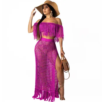 

2020 Women Fringed Tassel Summer Beach Dress Sexy Off Shoulder Hollow Out Knit Crochet Boho Maxi Dress Holiday Party Long Dress