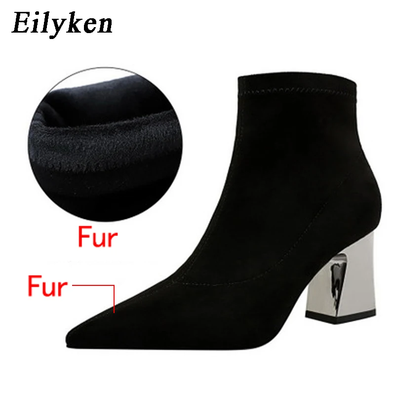 EilyKen/высококачественные ботильоны с острым носком на высоком каблуке; Офисная Женская обувь; зимняя женская теплая короткая плюшевая обувь на квадратном каблуке - Цвет: Fur-black